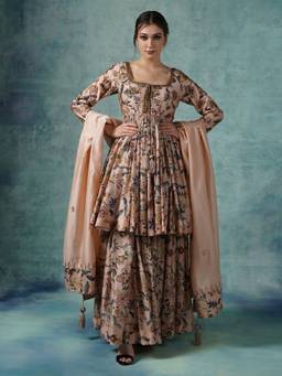 SAMANT CHAUHAN - A Printed Beige Peplum Style Kurta with Skirt