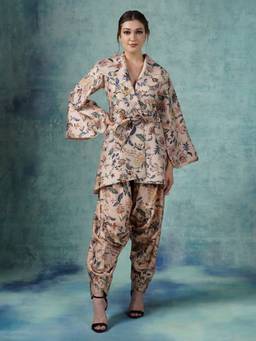 SAMANT CHAUHAN - A Cotton Beige Printed Silk Jacket Kurta with Dhoti Pants