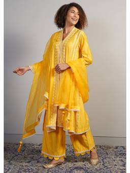 SAMANT CHAUHAN - Yellow Cotton Silk Kurta with Pant and Dupatta