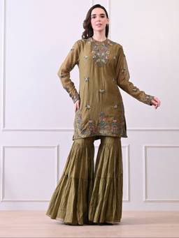 SAMANT CHAUHAN - A Olive Embroidered Kurta with Gharara