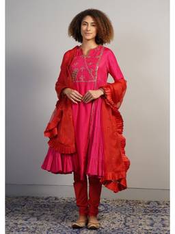 SAMANT CHAUHAN - An A-Line Pink Tiered Cotton Along Anarkali with Churidar and Dupatta