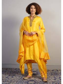 SAMANT CHAUHAN - An Alluring Yellow Silk Kurta with Churidar and Dupatta