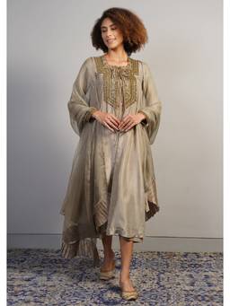 SAMANT CHAUHAN - A Warm Grey Silk Kurta with Churidar and Dupatta