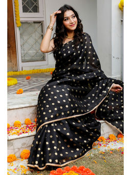 Indi Inside - Black Foil Printed Saree Embelished with Unstitched Blouse
