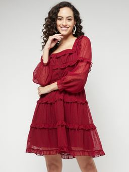 Magre - Women Maroon Textured Flared Mini Dress