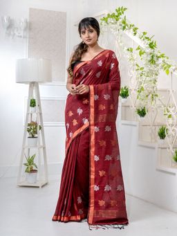 CHARUKRITI - Red Linen Handwoven Soft Saree with Zari Border with Unstitched Blouse