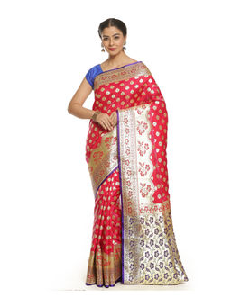 Banarasi Silk Works - Women Pink Paithani Skirt Satin Saree with Unstitched Blouse