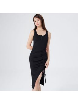 Outzidr - Black Sleeveless Bodycon Slit Midi Dress