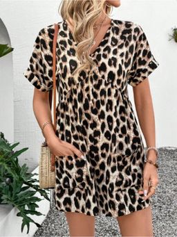 Outzidr - Brown V Neck Bottom Ruffle Animal Print Mini Dress