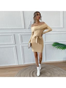 Outzidr - Khaki Full Sleeved Off-Shoulder Bodycon Mini Dress
