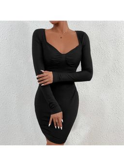 Outzidr - Black Full Sleeved Scoop V-Neck Bodycon Mini Dress