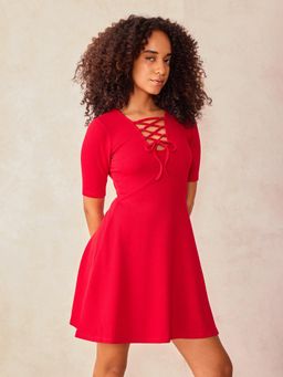 Outzidr - Red Plunge Tie Up Neck Mini Dress