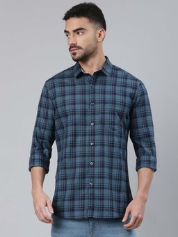 Classic Polo - Men's Navy Blue Collar Neck Checked Cotton Slim Fit Shirt