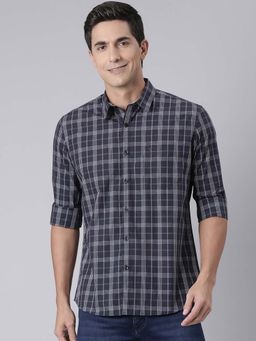 Classic Polo - Men's Blue Collar Neck Checked Cotton Slim Fit Shirt
