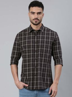 Classic Polo - Men's Black Collar Neck Checked Cotton Slim Fit Shirt