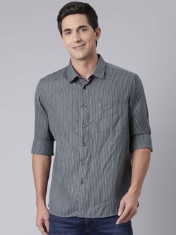 Classic Polo - Men's Dark Grey Collar Neck Striped Cotton Slim Fit Shirt