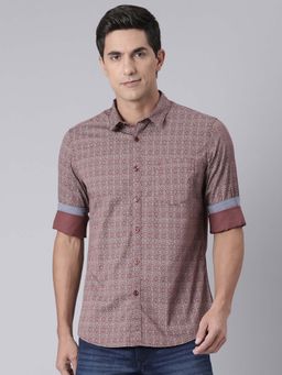 Classic Polo - Men's Brown Collar Neck Printed Cotton Slim Fit Shirt