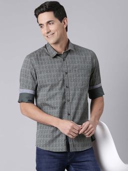 Classic Polo - Men's Dark Grey Collar Neck Printed Cotton Slim Fit Shirt