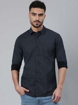 Classic Polo - Men's Black Collar Neck Printed Cotton Slim Fit Shirt