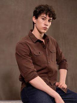 CAHOOT - Mens Brown Solid Full Sleeve Regular Fit Casual Shirt