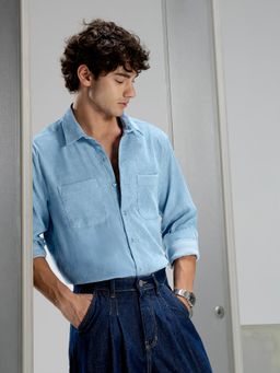 CAHOOT - Mens Light Blue Self-Design Full Sleeve Regular Fit Casual Shirt