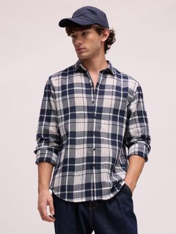 CAHOOT - Mens Navy Blue Tartan Check Full Sleeve Regular Fit Casual Shirt