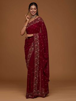 Koskii - Wine Zari Work Georgette Saree with Unstitched Blouse