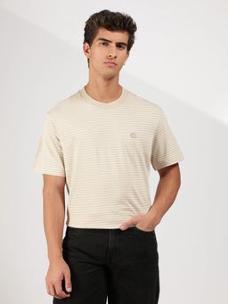 Calvin Klein - Striped Relaxed Fit Cotton Off White T-Shirt