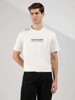 Calvin Klein - Embroidered Logo Relaxed Fit Cotton Cream T-Shirt