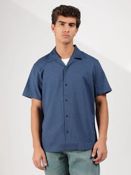 Calvin Klein - Solid Regular Fit Linen Navy Blue Shirt
