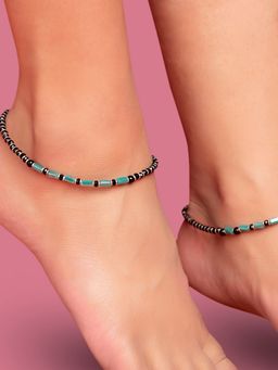 Zavya - Green Stone And Beads 925 Sterling Silver Anklet - Pair