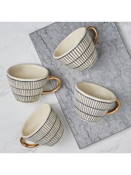 HomeTown - Fiesta Studio Pottery Linar Tea Mug Set Of 4 With Real Gold Plating In Off White