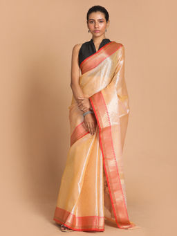 Indethnic - Banarasi Beige Woven Design Party Wear Saree With Unstitched Blouse