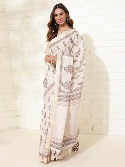 Fabindia - Women Cream Printed Saree without Blouse