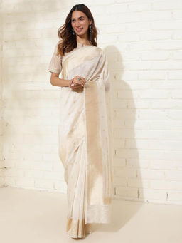 Fabindia - Women Cream Woven Saree without Blouse