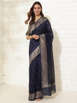 Fabindia - Women Navy Woven Saree without Blouse