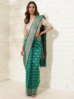 Fabindia - Women Green Woven Saree without Blouse