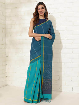 Fabindia - Teal Cotton Jamdani Sari