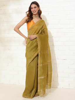 Fabindia - Women Green Woven Saree without Blouse