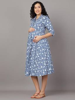 Mamma's Maternity - Arctic Blue Cotton Floral Printed Maternity/Feeding Short Dress