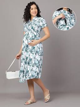 Mamma's Maternity - Light Blue Cotton Botanical Printed Maternity Short Dress with Belt