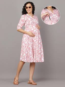 Mamma's Maternity - Baby Pink Cotton Abstract Printed Pregnancy Short Dress with Belt