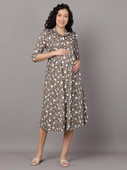 Mamma's Maternity - Taupe Brown Cotton Floral Printed Maternity/Feeding Short Dress