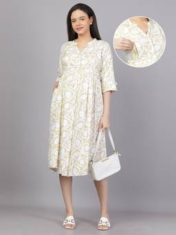 Mamma's Maternity - Cream Abstract Cotton Mandarin Neck Maternity Short Dress with Belt