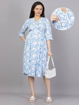 Mamma's Maternity - Light Blue Abstract Cotton Mandarin Neck Maternity Short Dress with Belt