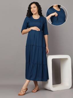 Mamma's Maternity - Navy Blue Cotton Solid Pregnancy/Nursing Long Dress