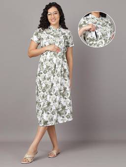 Mamma's Maternity - Olive Green Cotton Botanical Printed Maternity Short Dress with Belt