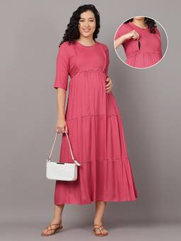 Mamma's Maternity - Peach Cotton Solid Pregnancy/Nursing Long Dress