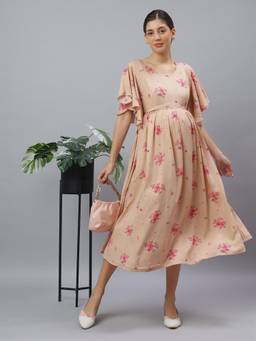 Mamma's Maternity - Peach Floral Printed Rayon Round Neck Maternity Short Dress with Belt