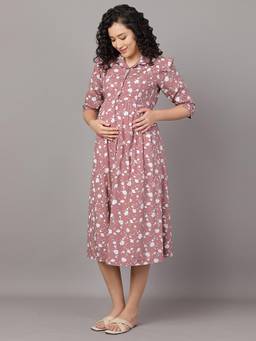 Mamma's Maternity - Rose Pink Cotton Floral Printed Maternity/Feeding Short Dress